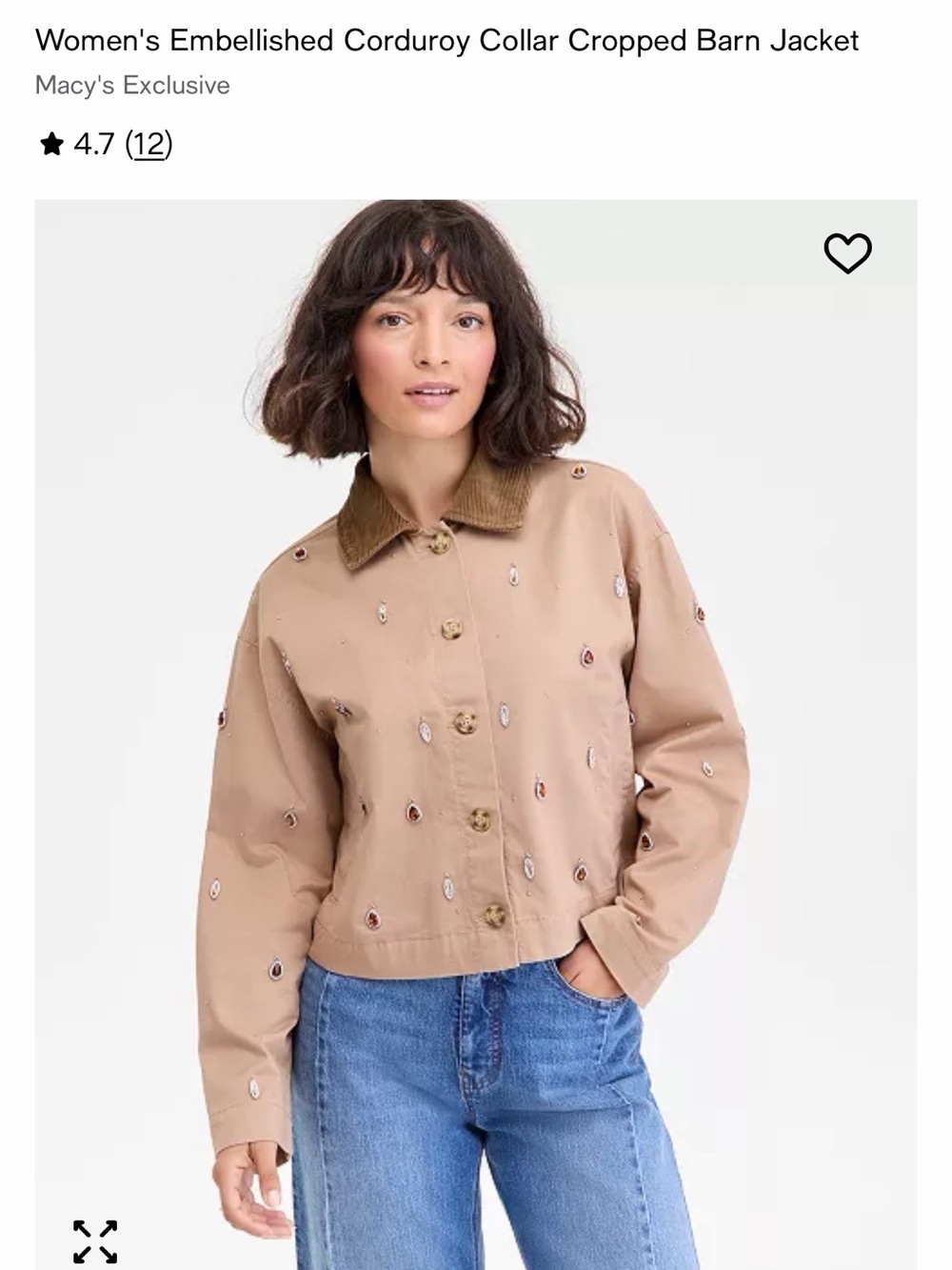 NWT Women's Embellished Corduroy Collar Cropped Barn Jacket